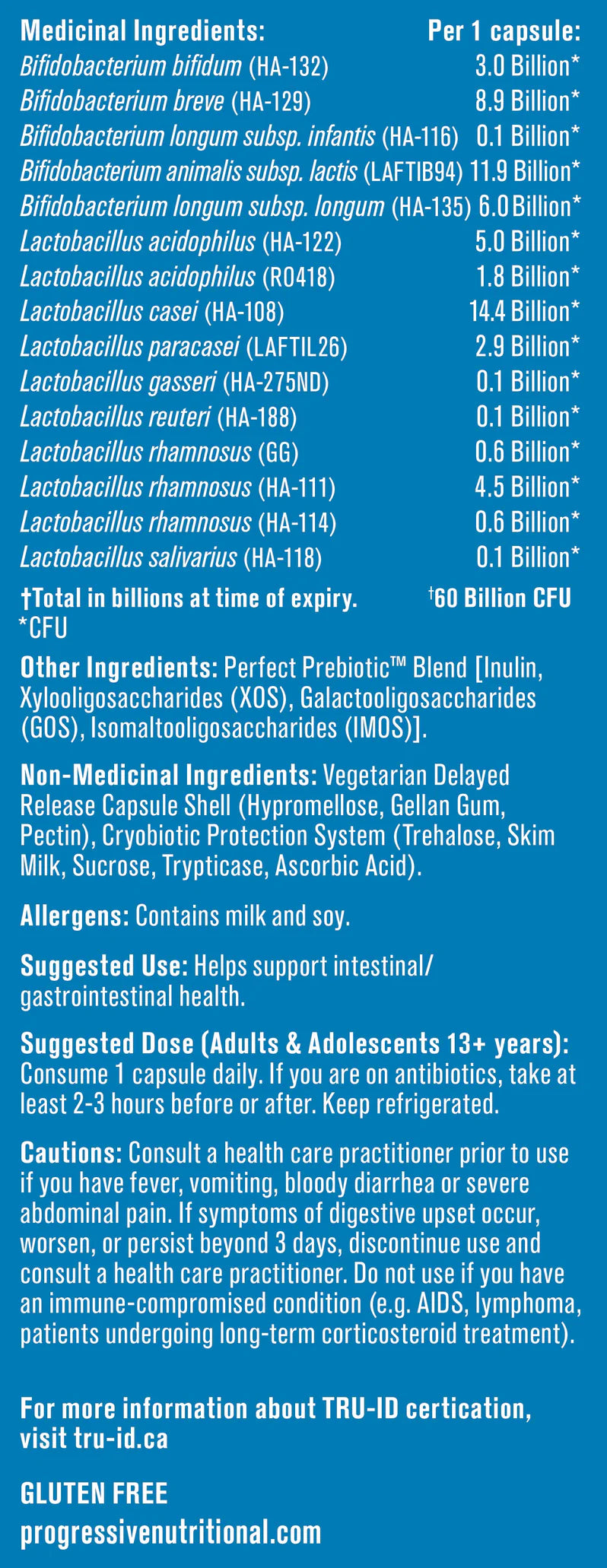 Progressive Perfect Probiotics 60 Milliards - Valeurs Nutritionnelles Probiotiques Souches | SynerFit Nutrition