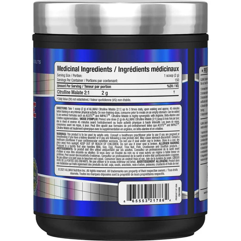 AllMax Citrulline Malate 2:1 300g - Supplément Oxyde Nitrique Performance | SynerFit Nutrition