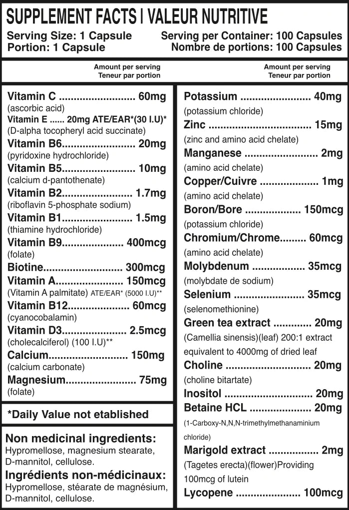 Predator Labs Multi+ 100 Caps - Valeurs Nutritionnelles Multivitamines Complètes | SynerFit Nutrition