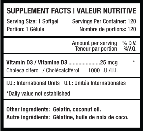 Predator Labs D3+ 120 Caps - Valeurs Nutritionnelles Vitamine D3 K2 | SynerFit Nutrition