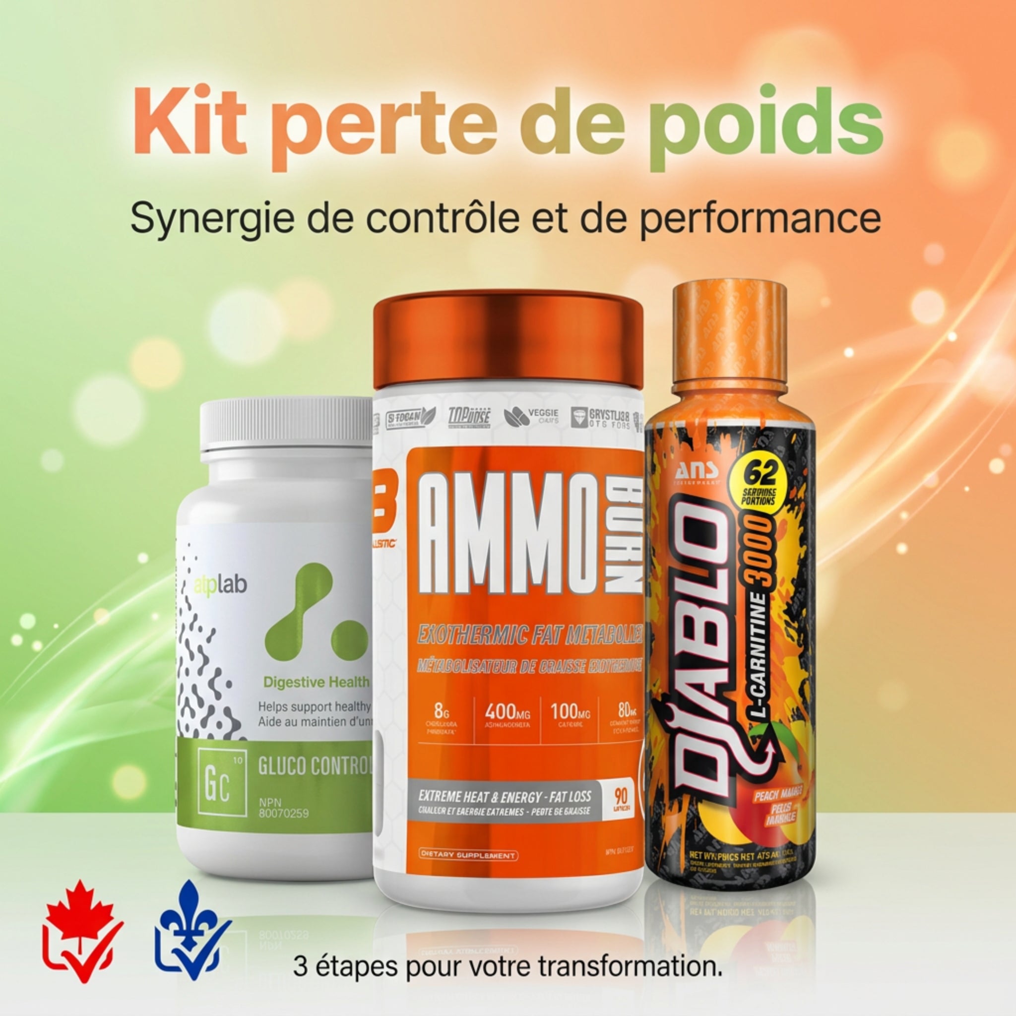 Kit Perte de Poids - Ammo Burn Ballistic Labs, L-Carnitine ANS et Gluco Control ATP Labs - SynerFit Nutrition