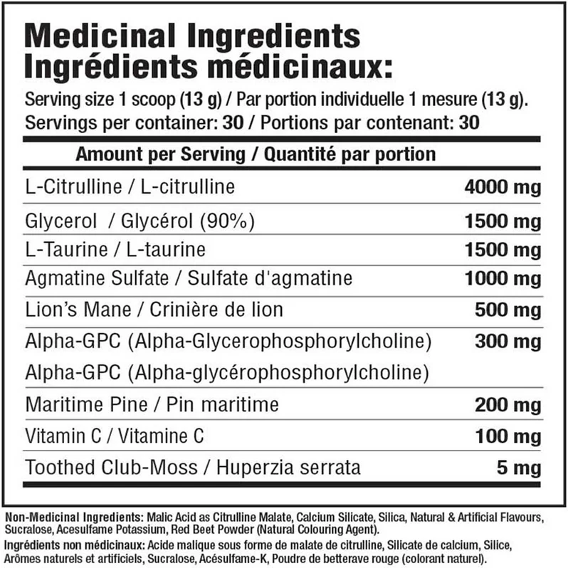 Mammoth Swell Stim Free 390g - Tableau des faits nutritionnels - SynerFit Nutrition