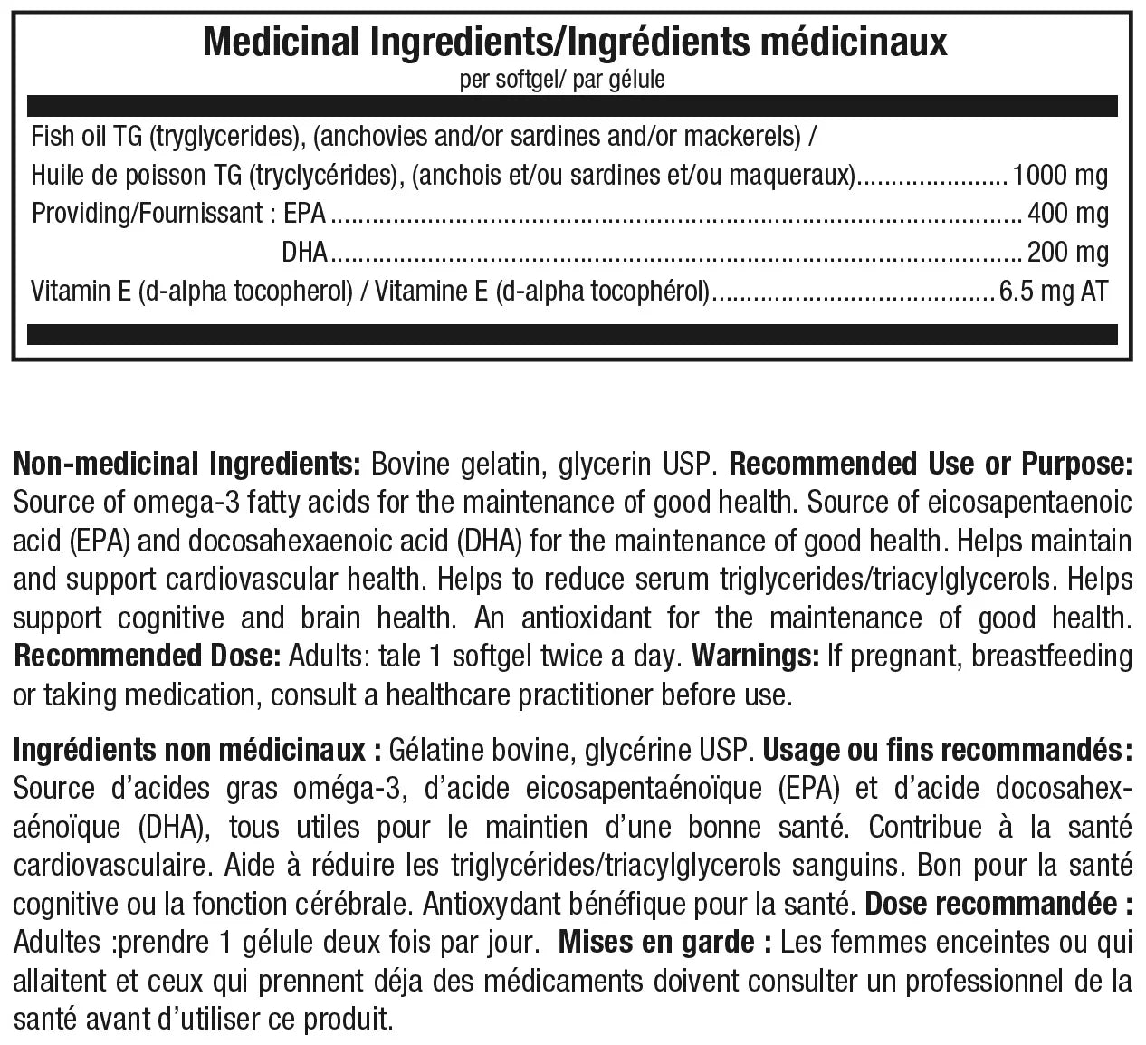 ATP Omega Pure - Tableau des faits nutritionnels - SynerFit Nutrition