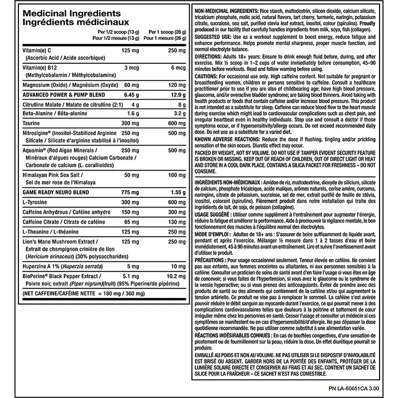 PVL Domin8 Pré-workout - Tableau des faits nutritionnels - SynerFit Nutrition
