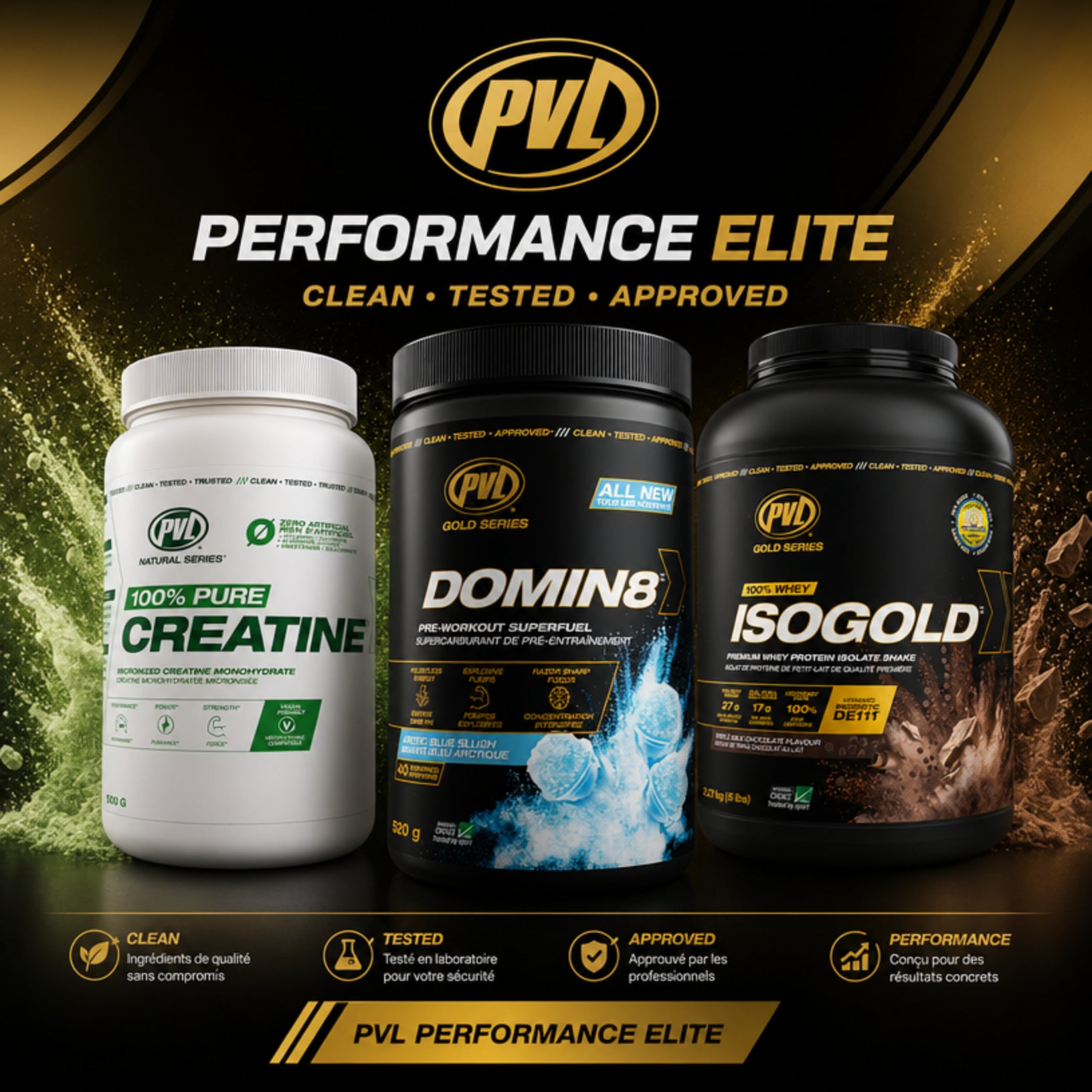 PVL Bundle Performance Élite - Isogold Whey, Domin8 Pre-Workout et Créatine - SynerFit Nutrition