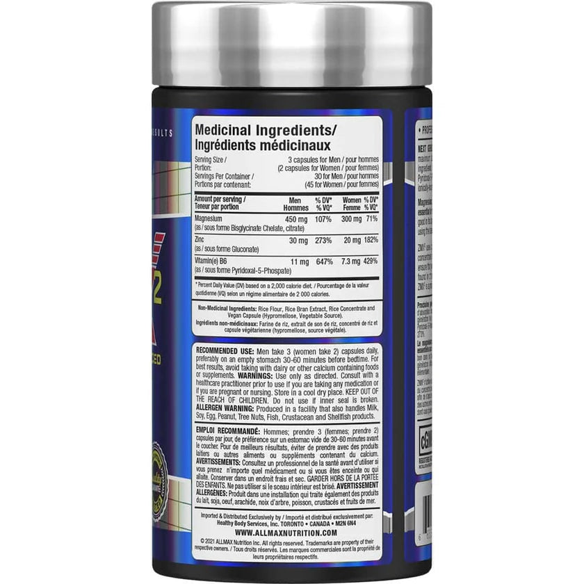 AllMax ZMX2 90 Caps - Supplément Zinc Magnésium Sportifs | SynerFit Nutrition