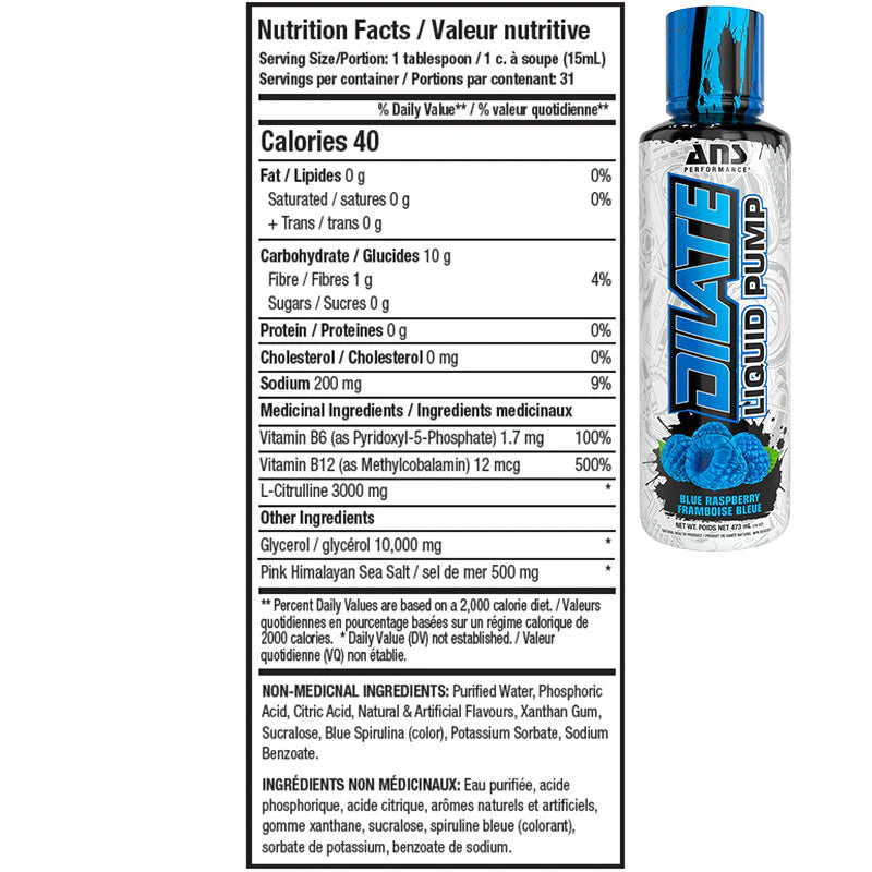 ANS Dilate Liquid Pump Stim Free - Tableau des valeurs nutritives - SynerFit Nutrition