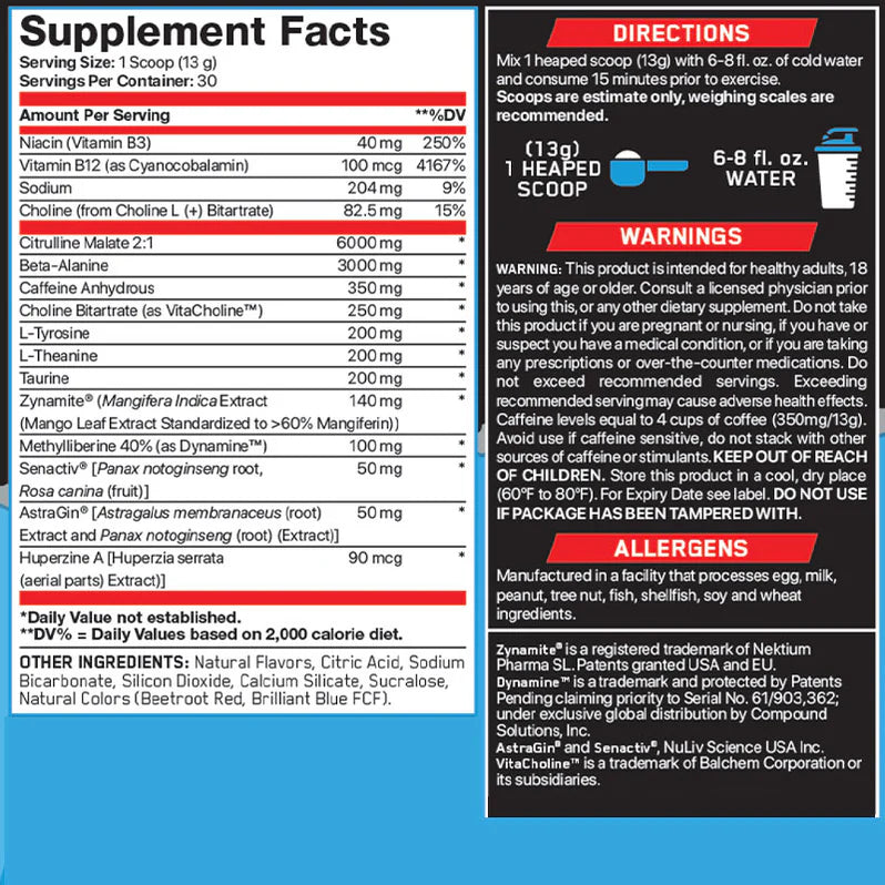 ABE Ultimate Pré-Workout 390g Slush Puppie - Valeurs nutritives - SynerFit Nutrition