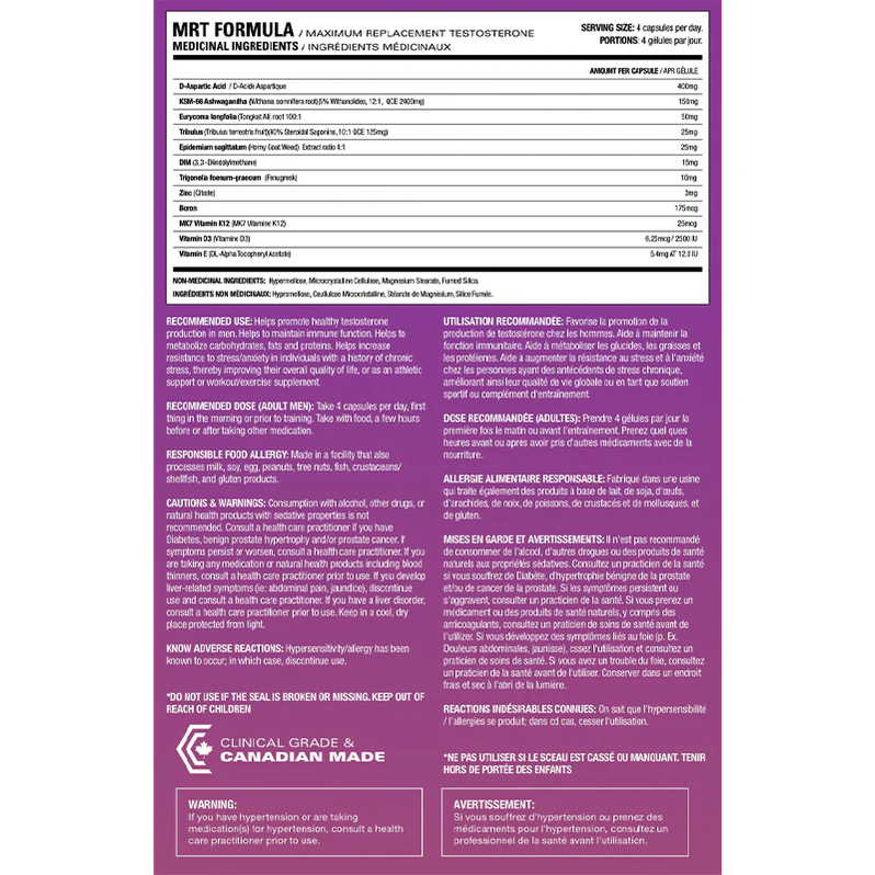 Athletic Alliance MR-T Test Booster 120 capsules - Tableau des faits nutritionnels - SynerFit Nutrition