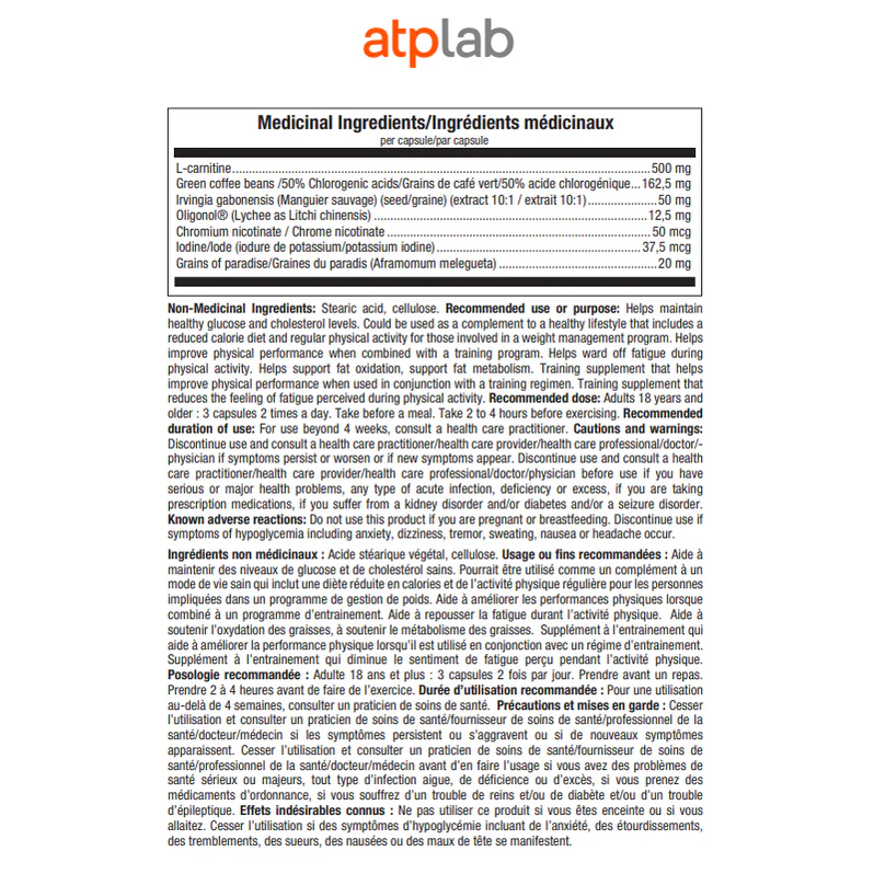ATP Labs SynerSlim 180 Caps - Valeurs Nutritionnelles Supplément Minceur Métabolisme | SynerFit Nutrition