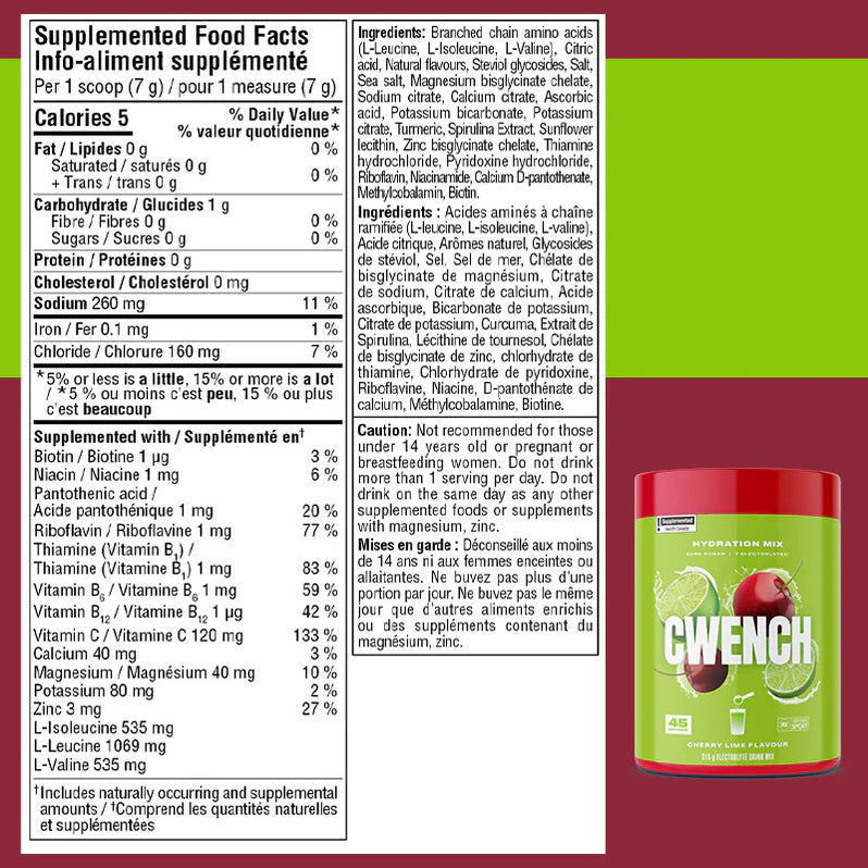 Cwench Électrolytes 315g - Informations nutritionnelles Cherry Lime - SynerFit Nutrition