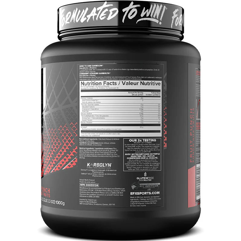 EFX Sports Karbolyn Fuel 1000g - Informations nutritionnelles Fruit Punch - SynerFit Nutrition