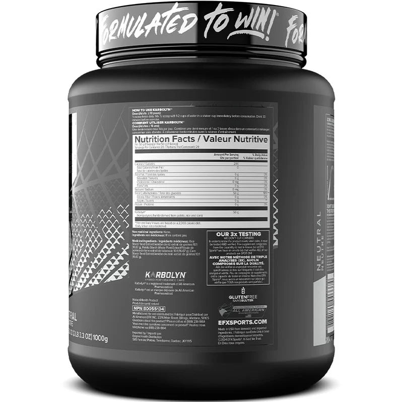 EFX Sports Karbolyn Fuel 1000g - Informations nutritionnelles Neutre - SynerFit Nutrition