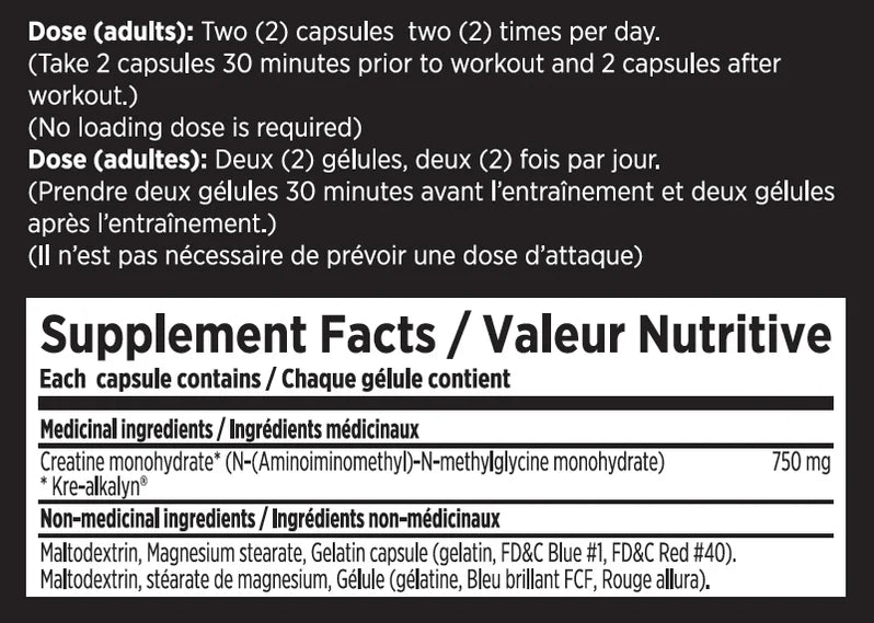 EFX Kre-Alkalyn Créatine - Tableau des faits nutritionnels - SynerFit Nutrition