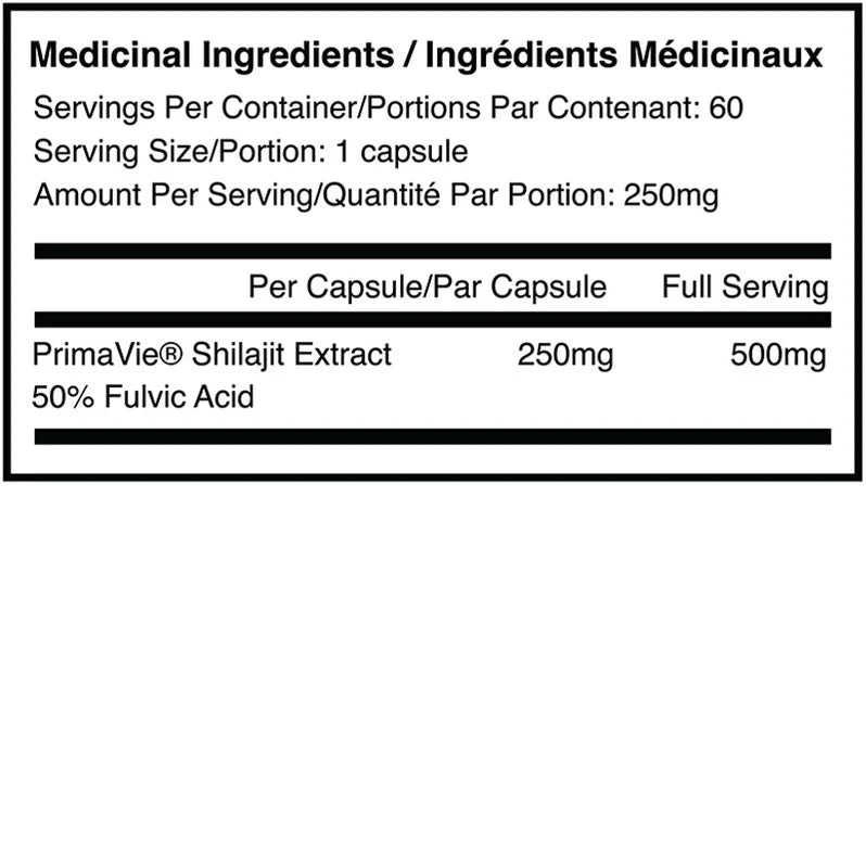Fortitude Health Primavie Shilajit - Tableau des valeurs nutritives - SynerFit Nutrition