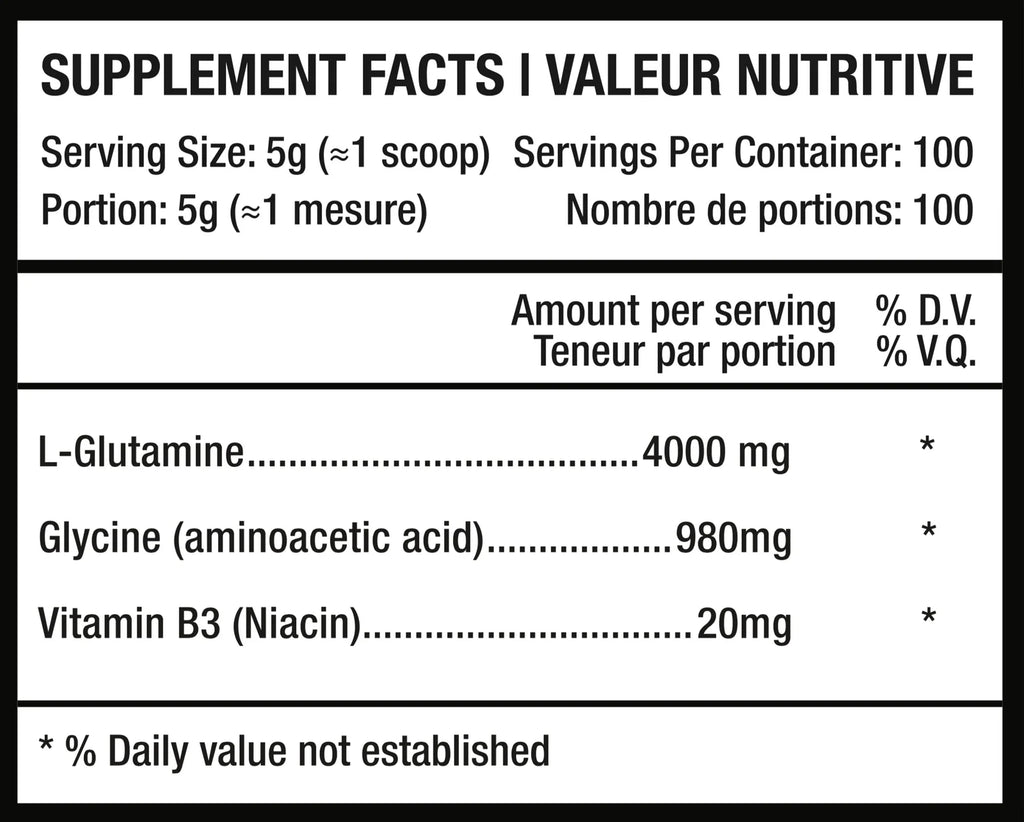 Predator Labs Glutamine+ 500g - Valeurs Nutritionnelles L-Glutamine Récupération | SynerFit Nutrition
