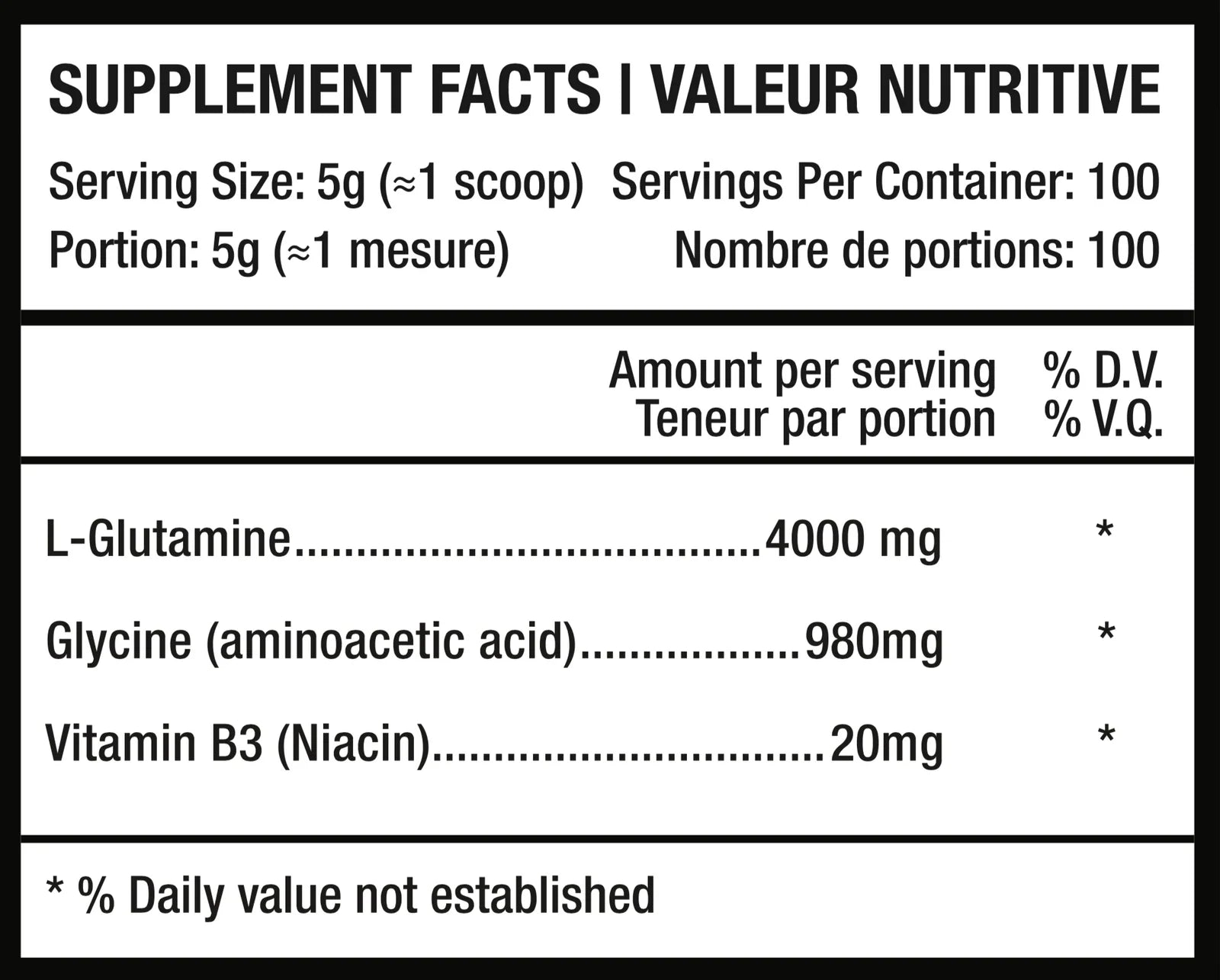 Predator Labs Glutamine+ 500g - Valeurs Nutritionnelles L-Glutamine Récupération | SynerFit Nutrition