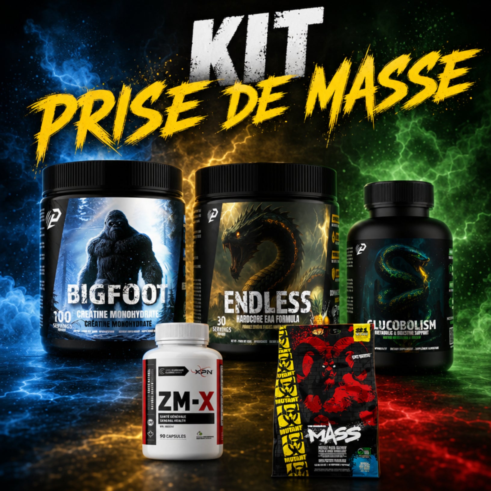 Kit Prise de Masse Totale - Mutant Mass, Créatine, ZXM, Glucobolism et EAA Predator - SynerFit Nutrition