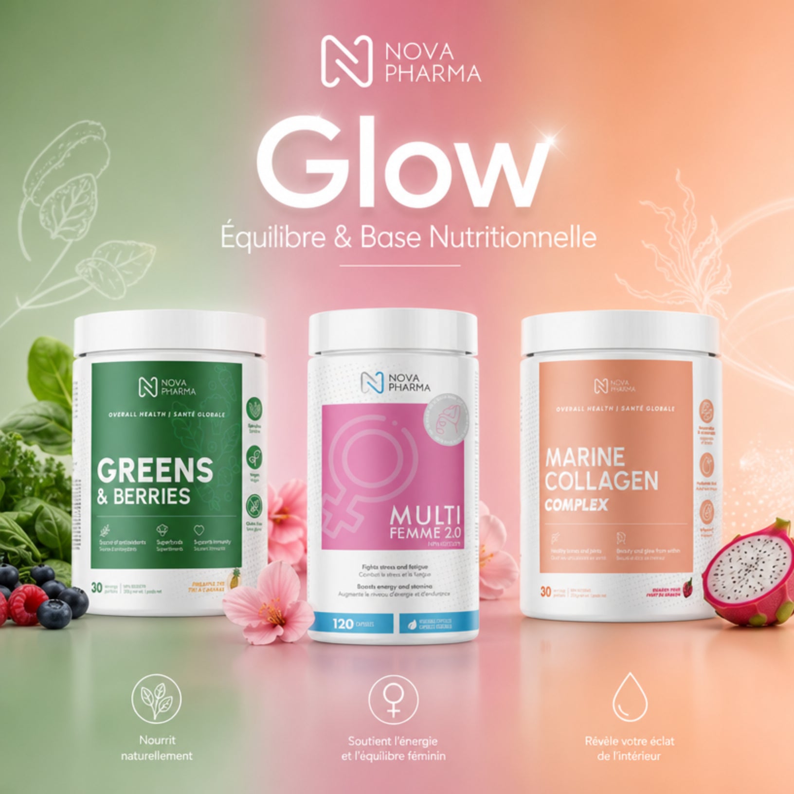 Nova Pharma Bundle Glow Équilibre & Base Nutritionnelle - Collagène, Greens et Multivitamines Femme - SynerFit Nutrition