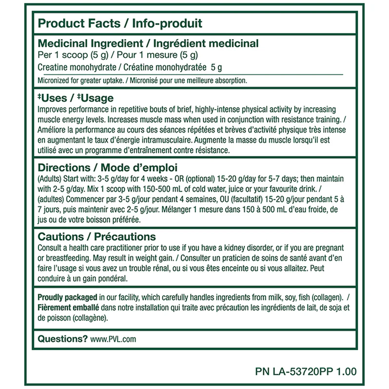 PVL Pure Creatine 300g - Informations nutritionnelles - SynerFit Nutrition