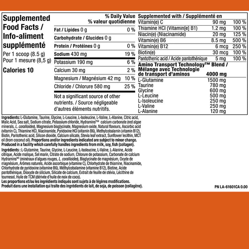 PVL Pro H2O Électrolytes Orange - Valeurs nutritives - SynerFit Nutrition
