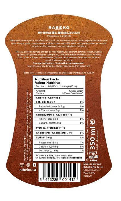 Rabeko Holy Smokes BBQ Sauce 350ml — étiquette arrière avec ingrédients et valeurs nutritionnelles