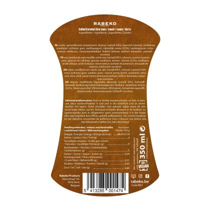 Rabeko Salted Caramel Zero Sauce 350ml — étiquette arrière avec ingrédients et valeurs nutritionnelles