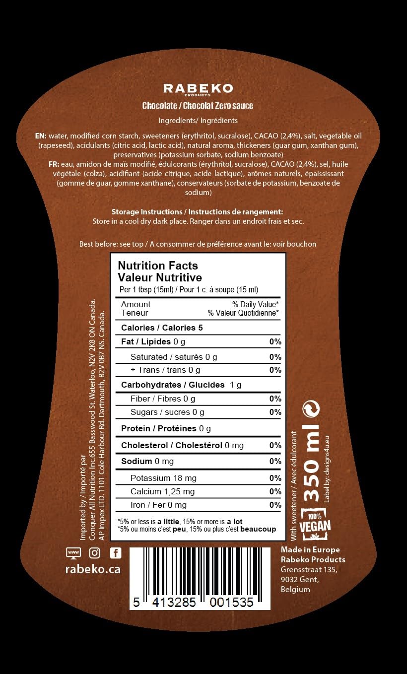 Rabeko Chocolate Zero Sauce 350ml — étiquette arrière avec ingrédients et valeurs nutritionnelles