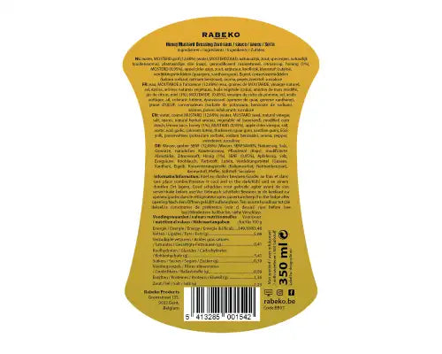 Rabeko Honey Mustard Zero Sauce 350ml — étiquette arrière avec ingrédients et valeurs nutritionnelles