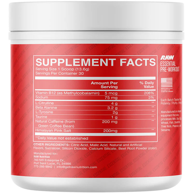 CBUM Essential Pré-workout 408g - Informations nutritionnelles - SynerFit Nutrition