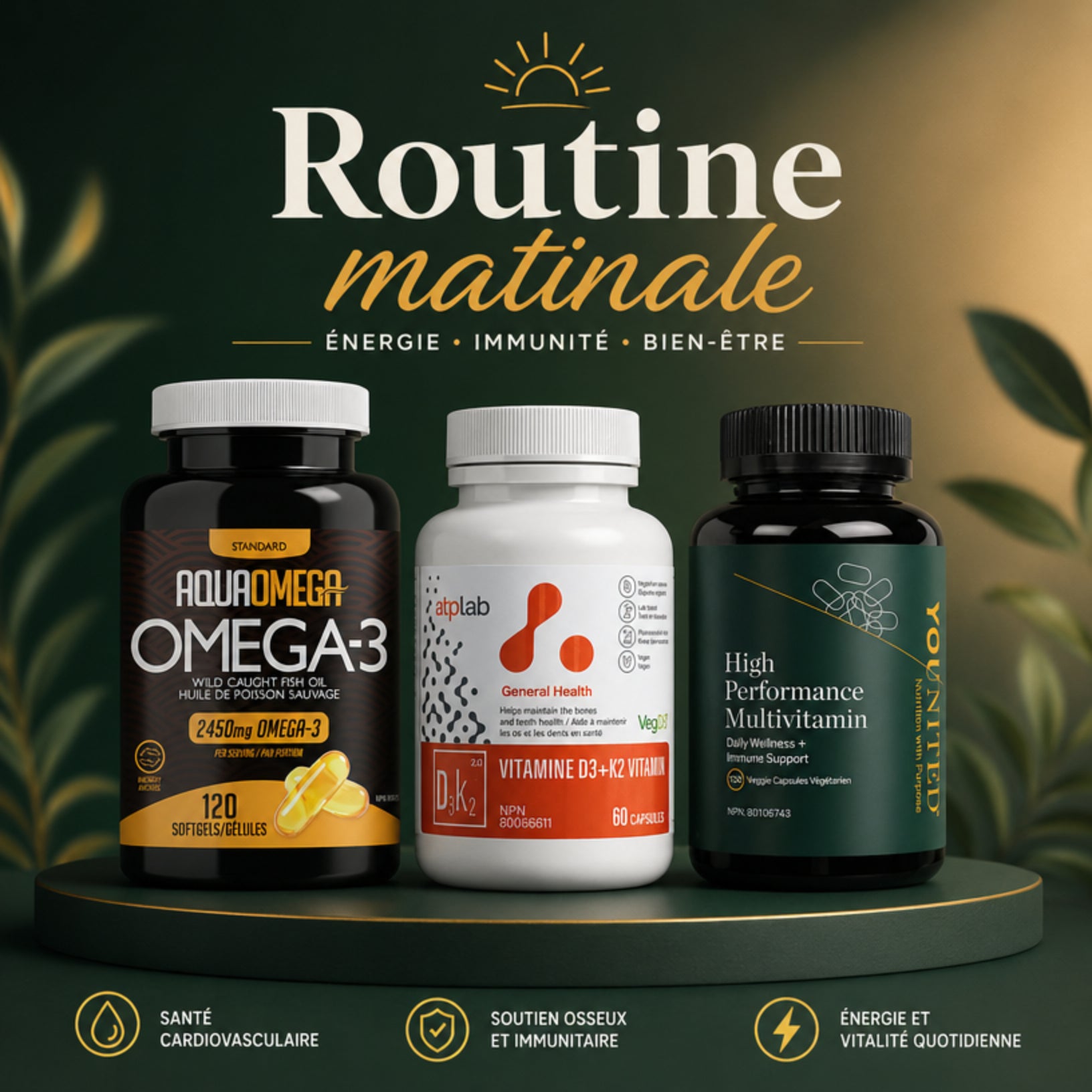 Routine Matinale - Multivitamines Younited, Oméga-3 Aqua Omega et Vitamine D - SynerFit Nutrition