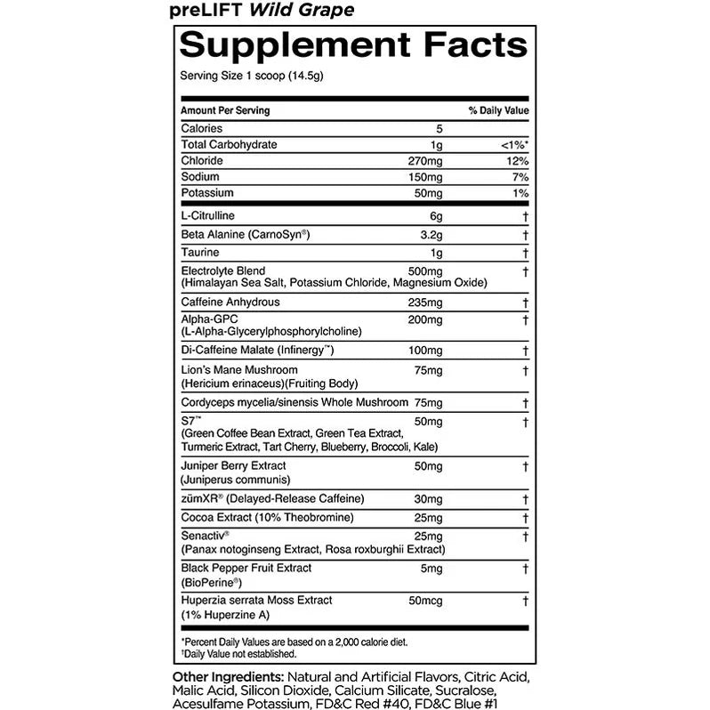Rule One Pre Lift Pré-workout 435g - Informations nutritionnelles Wild Grape - SynerFit Nutrition