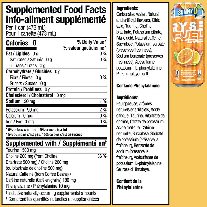 Ryse Fuel Energy Drink 473ml - Informations nutritionnelles SunnyD Tangy Original - SynerFit Nutrition