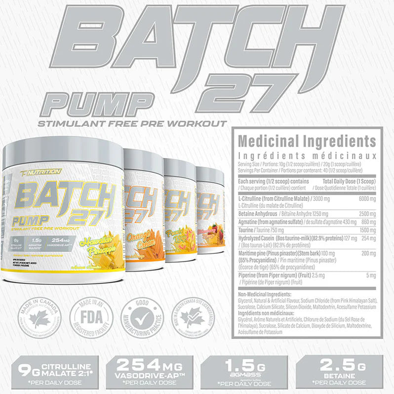 TC Nutrition Batch 27 Pump Stim Free 240g - Valeurs Nutritionnelles Pré-Entraînement Sans Caféine | SynerFit Nutrition