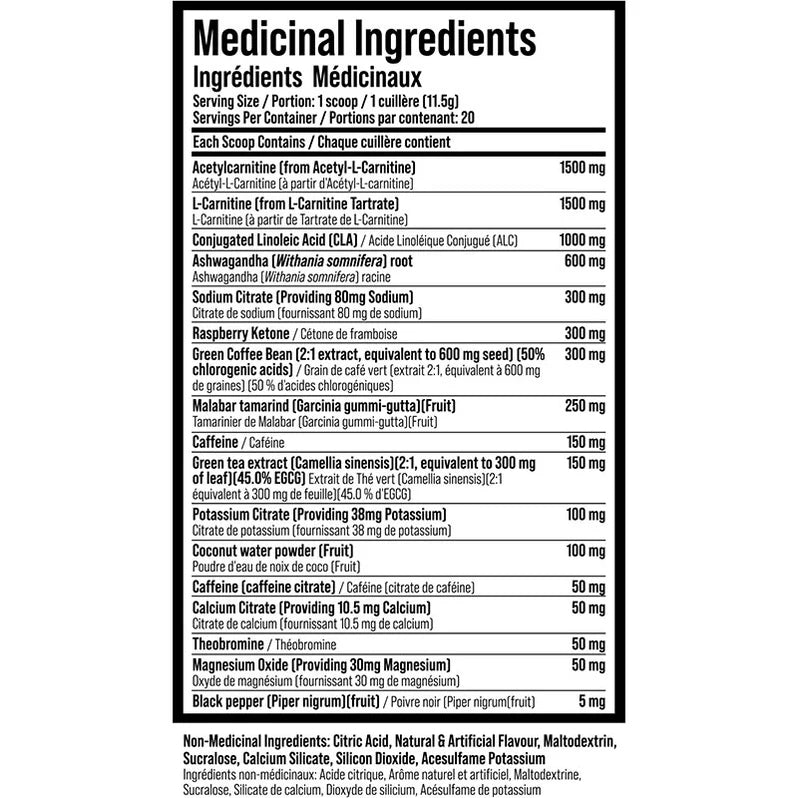 TC Nutrition HydraBurn 230g - Informations nutritionnelles - SynerFit Nutrition